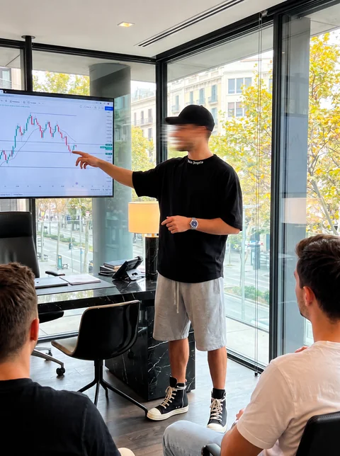 Nick discussing a chart on a large screen with other people in the room.